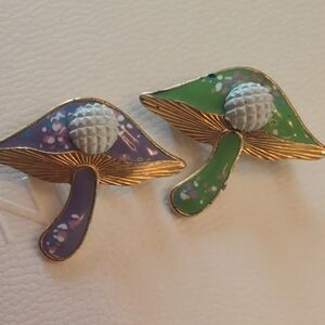 Gold and Green/Purple Mushroom Brooch Set
